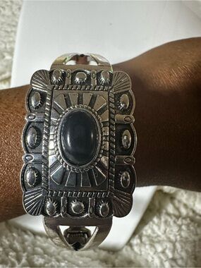 Sterling-Style Black Stone Ornate Cuff Bracelet